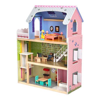 China New Style Wooden Toys Girl's Pink Dollhouse Wooden Doll House Pink Wooden Toys For Children for sale