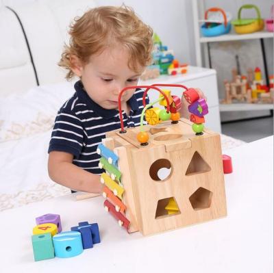 China Wooden Children Round Beads Cube Box Wooden Educational Toy Four-sided Universal Toys for sale