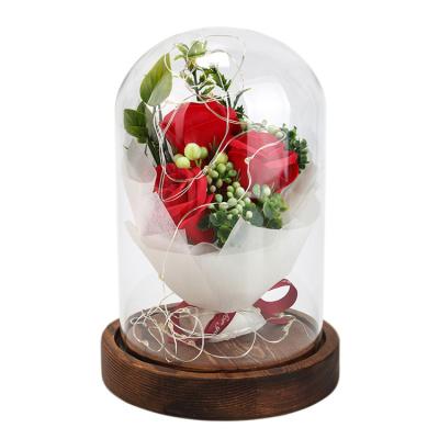 China Hot Selling Artificial Flower+glass+wood Amazon Soap Flower For Valentine's Day Mother's Day Rose Bouquet Gift With Led Light for sale