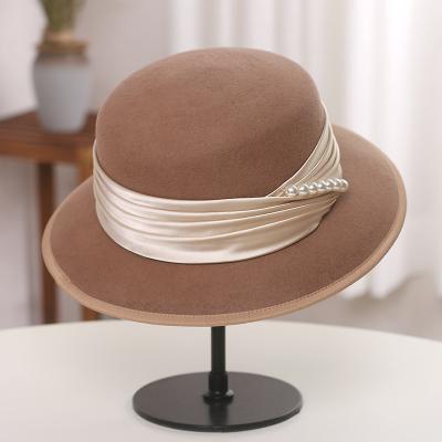 China Women Hats Fedora Solid Color Elegant Gentle Flat Top Wool Checked Custom Wool Fedora Hat for sale