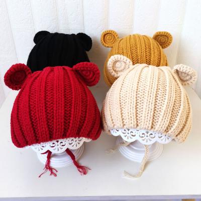 China Beanie Hat Thick Wool Winter Bandage Lace Brim Winter Hat Child Cat Ear Design Solid Color Picture for sale