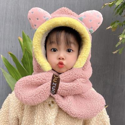 China Winter Color Matching Hood Siamese Hat Scarf Image Set Cartoon Plush Keep Kids Warm Knitted Hat for sale