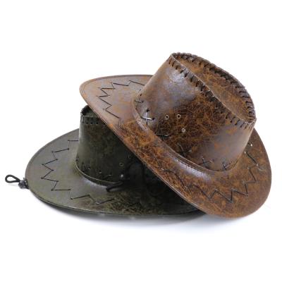 China Picture Men Riding Cracked Hat Cowboy Artificial Leather Solid Color Outdoor Big Brim Shading Cowboy Hat for sale