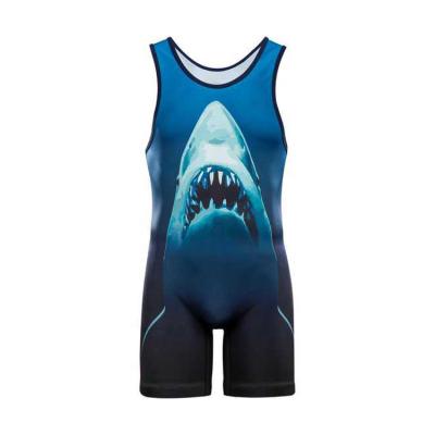 China Wholesale Cheap Custom Made Shark Dampness Wicking Sublimation Wrestling Singlets Print For Men for sale