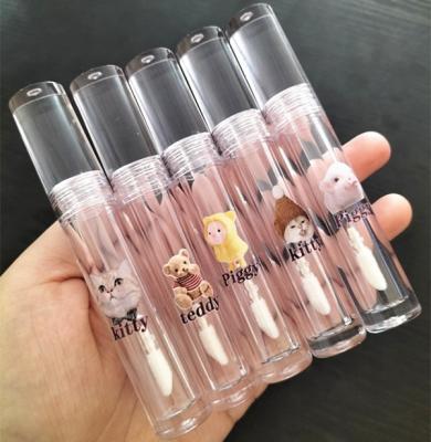 China High Quality Cosmetic Empty Round Transparent Tube Lip Gloss Cartoon Bear Logo Printing Liquid Lipstick Container With Brush Wands 3.5ml for sale