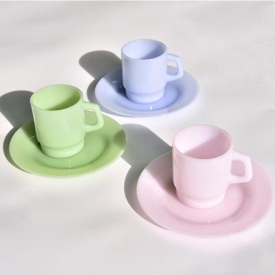 China 230/400ml Viable 7/8 Inch Jade New Arrival Under Glazed Glass Hotel Cup Saucer Colored Home Coffee Tea Set With Handles for sale