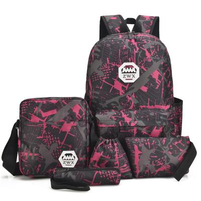 China With Earphone Hole Custom Fashion Unisex Nylon Waterproof Camouflage Sports Backpack School Bags With Earphone Hole 5 Pieces Set for sale