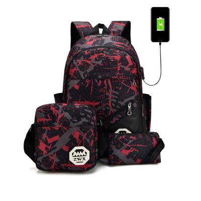 China With Latest USB Fashion Student Full 3 Pieces School Bag Set Backpack Ultra Light Camouflage Printed With USB Charger for sale