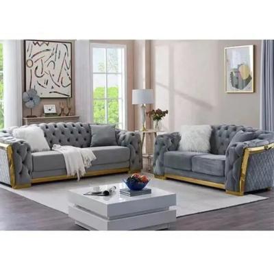 China New Design Luxury Living room sofa furniture KD Gold Metal Silver Metal armrest Tufted design 3 2 1 seater high-end sofa for sale