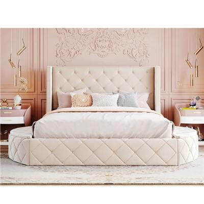 China OEM/ODM Turquía cama de dormir sencilla beige muebles redondos de terciopelo marco de madera tamaño King tamaño Queen tamaño doble w / cajón en venta