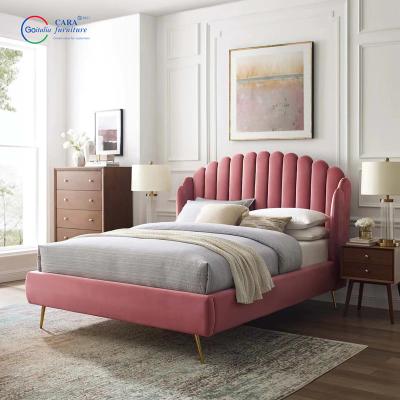 China 12287 Hot Selling Pink Fabric Wood Frame Metal Leg Bed Luxury Queen Size Bed Frames for sale