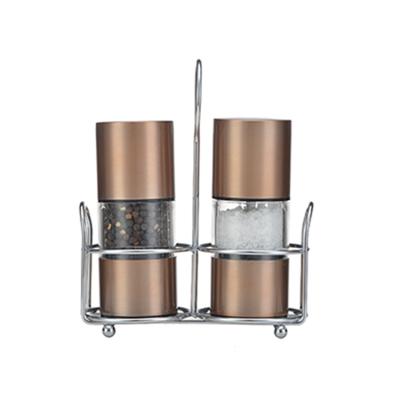 China Sustainable Metallic Shiny Stainless Steel Spice Grinder Set With Metal Stand for sale