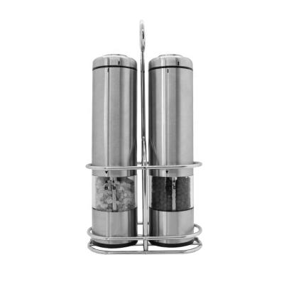 China 2020 Sustainable New Hot Battery Operated Stainless Steel Salt And Pepper Mill Set With Stand for sale