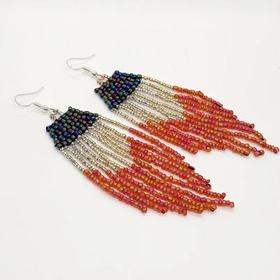 China New 2022 BOHEMIA Long Tassel S925 Handwoven Rice Bead Earrings Personality Silver Bohemian Ethnic Style Earrings for sale