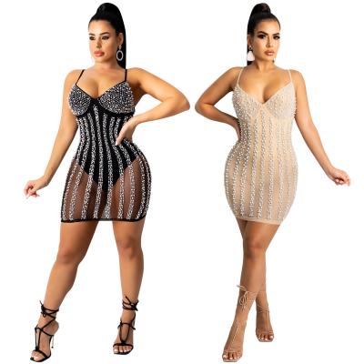 China Summer Breathable New European and American Nightclub Ironed Drill Halter Transparent Dress for sale