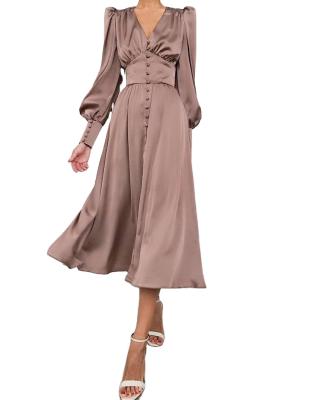 China New Breathable Satin Dress For Women Spring 2021 Lantern Sleeve A Line Casual Dress for sale