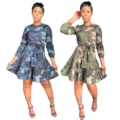 China New Breathable S to 2XL Autumn and Winter Women Dress Camouflage Printing Long Sleeve A-Line Dress for sale