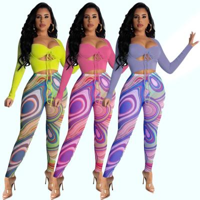 China New Women Solid Color Breathable Tops And Pants Printed Two Piece Set for sale