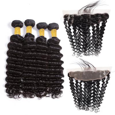 China Good Texture Can Keep Apple Girl Long Time 100% Human Hair Bundles With 13x4 Lace Frontal Mink Peruvian Deep Wave Hair Bundles With Lace Frontal Closure for sale