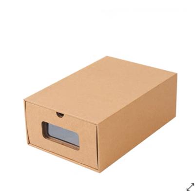 China Recycled Materials Wholesale Custom Printing Pull Drawer Kraft Paper Storage Shoe Box With Window for sale