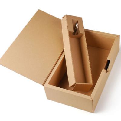 China Eco-friendly Recyclable Custom Folding Paper Box Natural Brown Corrugated Wine Box For 2 Bottle With Portable Rope for sale