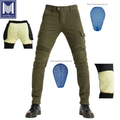 China Anti-UV Cotton Spandex Army Green Motor Gear Racing High Stretch Denim Pants With Knee Hip Pads Pads Coating for sale