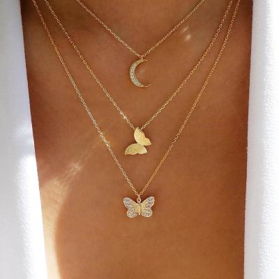 China New Alloy Three Layered Necklace Sets Simple Creative Inlaid Rhinestone Butterfly Necklace Pendant TRENDY style for sale