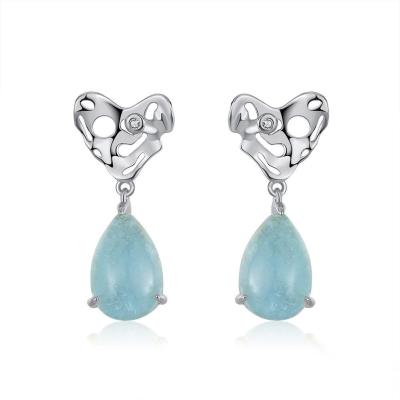 China S925 Sterling Silver Jewelry Sky Blue Romantic Green Blue Gems Hollow Out Heart Earrings 14K Gold Drop Shape Ear Studs for sale