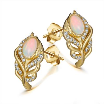 China Romantic S925 Sterling Silver Jewelry Set Natural Opal Feather Hollow Out Diamond Earrings 14K Gold Fashion Ear Studs for sale