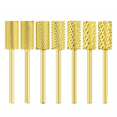 China Nail Drill Professional Flat Surface Golden Barrel Tungsten Carbide Nail Drill Bit Large for sale