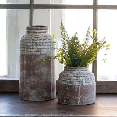 China Unique Rough Textured Pastoral Garden Flower Vase Hand Carved Tabletop Flower Vases Terracotta Cylinder Rough Wholesale Vase For Home Decor for sale