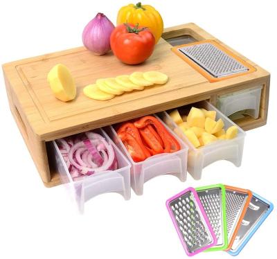 China Viable multifunctional cutting board comes with 4 slicers and 4 draws bamboo cutting board with trays and LIDS for sale