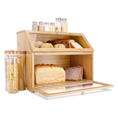 China Freshness Keeping Large Bread Storage Countertop Bread Storage Double Layer Bamboo Bread Box Bread Bin For Kitchen for sale