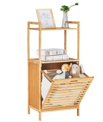 China Contemporary Bamboo Shelf And Laundry Basket With Tilt-Up And Removable Liner for sale