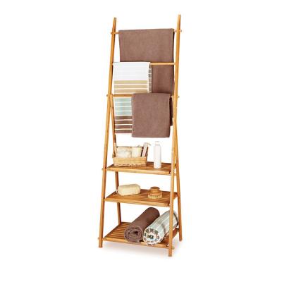 China Fashion 100% Bamboo Bathroom 3 Tier Ladder Shower Towel Storage Shelf Rack Holder for sale