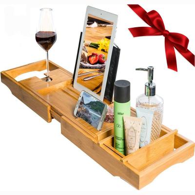 China Morden Luxury High Quality Removable Boards Bamboo Bath Tub Caddy Tray Organizer with Wine Glass Holder for sale