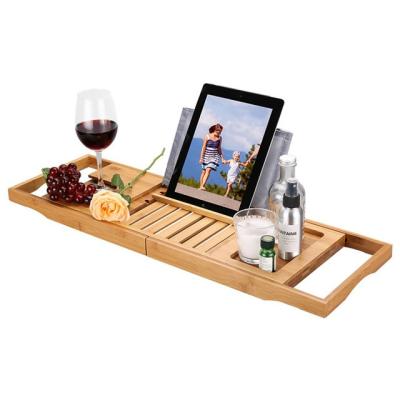 China Sustainable Bathtub Caddy Trays Multi-Function Bamboo Luxury Extendable Tub Cart for sale