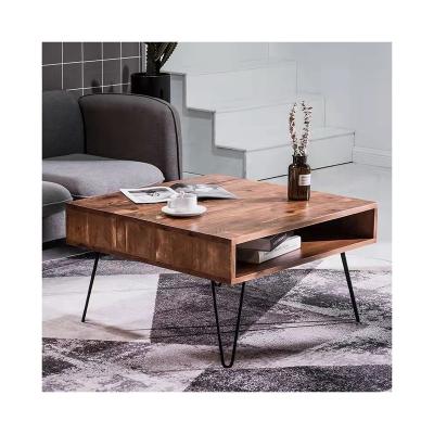 China Best quality double small wood coffee table acceptable selling creative table with hairpin legs and 1 storage for sale