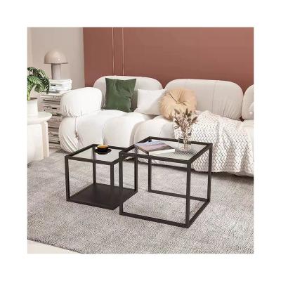 China Acceptable Wholesale Modern Style Square Coffee Table Set Black Metal Frame Glass Table Top for sale