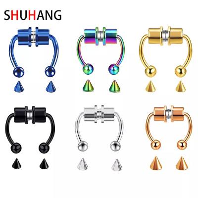 China SHUHANG Punk Nostril Jewelry Fake Septum Circle Piercing Horseshoe Nose Ring Non Piercing Magnetic Stainless Steel Gold Nose Ring Set for sale