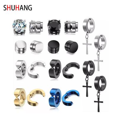 China SHUHANG CLASSIC Magnetic Stainless Steel Non Piercing Cross Dangle Circle Measurements Unisex Clip On Earring CZ Stud Circle Earring Set for sale