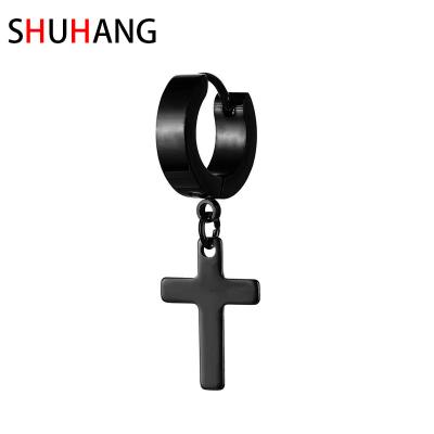 China SHUHANG fashion personality ladies fashion trend stainless steel simple shiny cross earrings men's hot selling cross drop for sale