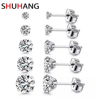 China SHUHANG Hot Popular Women's Designs Stylish CZ Earrings Anti-Allergy Round Cubic Zirconia 4A Diamond Stud Fashionable Women Stainless Steel for sale