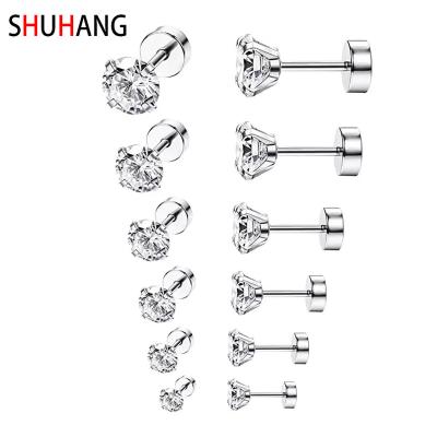 China SHUHANG TRENDY Gold Plated Stainless Steel Mens Womens Round Hypoallergenic Clear Zircon Zircon Stud Earrings for sale