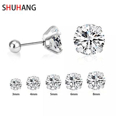 China SHUHANG nickel free fashion stainless steel earrings jewelry shiny circle rhinestone wholesale price baby screw earrings for female for sale