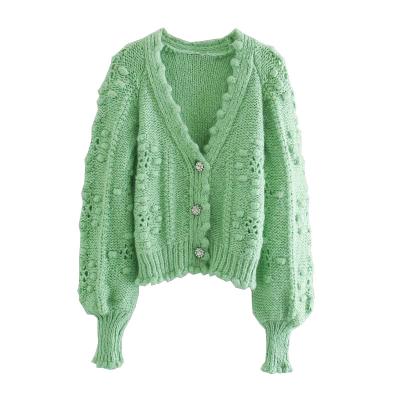 China Anti-Wrinkle Women Textured Weave Cropped Cardigan Sweater Vintage Sleeve Button Knitted Long Sleeve Cardigan for sale