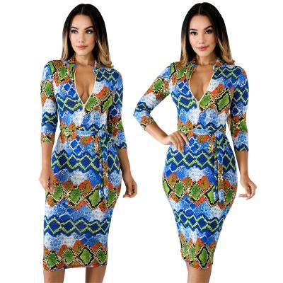 China Viable Style Women Loungewear Fashion Dresses Long Three Quarter Sleeve Zipper Up Print Dress for sale