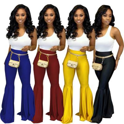 China Anti-Static Floor Length Fashion PU Ruffle Leather Flare Pants Bell Bottom Pants For Women for sale