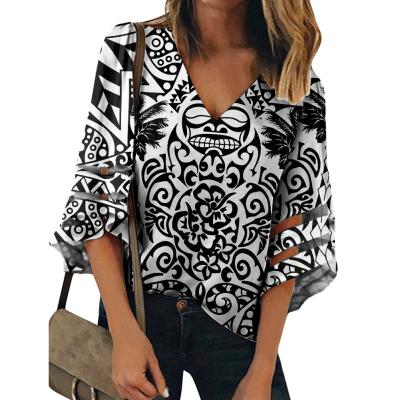 China Luxury Anti-pilling Fashion Women Clothes Floral Tunic Tops Blouse Comfortable Casual V-neck T-shirt Half Sleeve American Samoa for sale