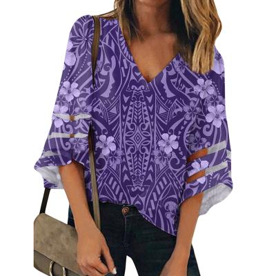 China QUICK DRY Floral Casual Polynesian Print Chiffon Material Tops For Girls WomanTops Fashionable Ladies Blouses Plus Size Women Clothing for sale